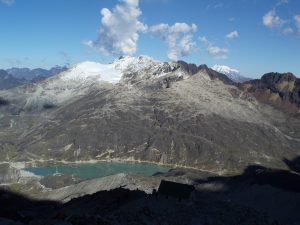 View from Huayna Potosi of refuge and Illimani Bolivia