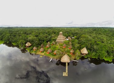 View over Napo lodge complex from river, Napo, Ecuador