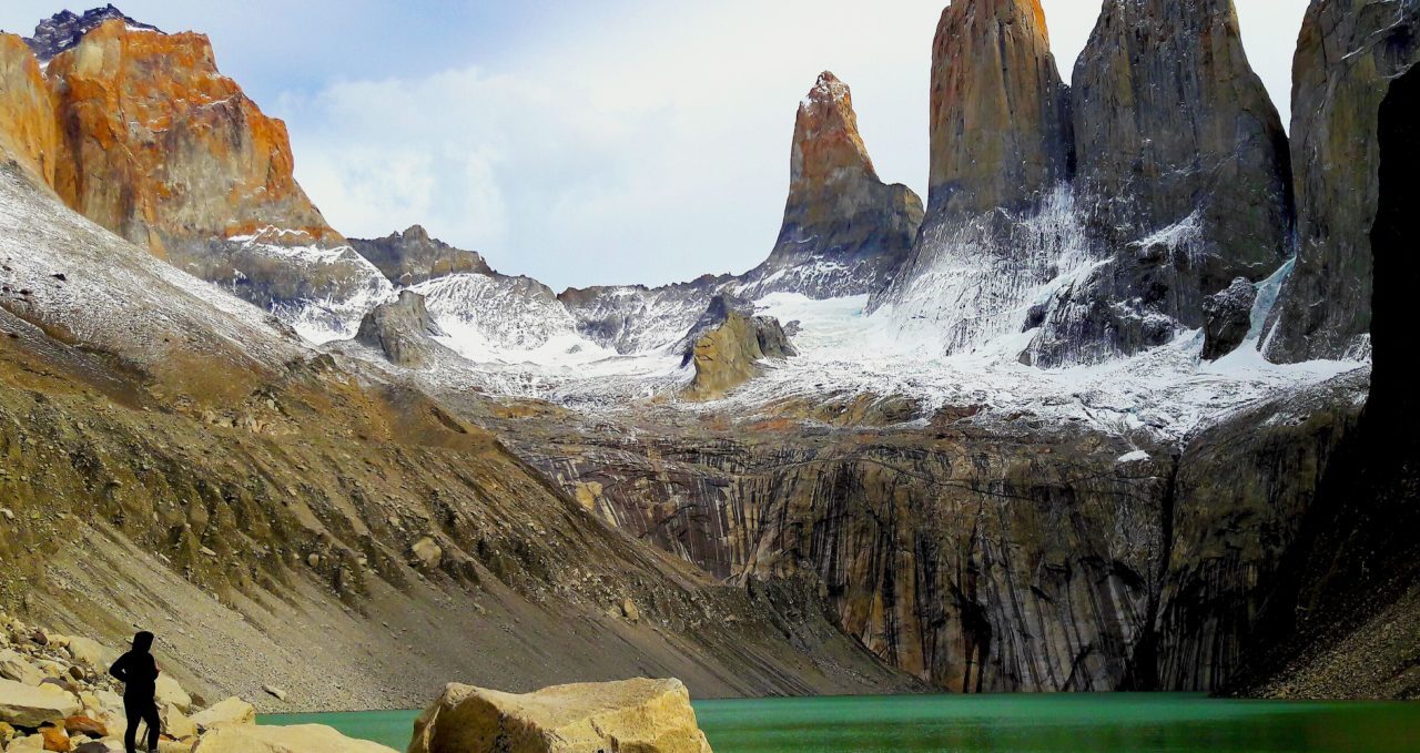 big rocky peaks and green lake